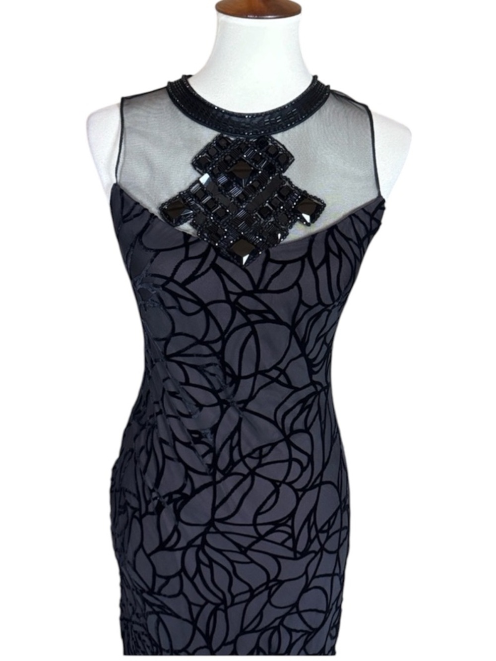 Adrianna Papell Black Dress with Beaded Neckline and burnout velvet Size 6